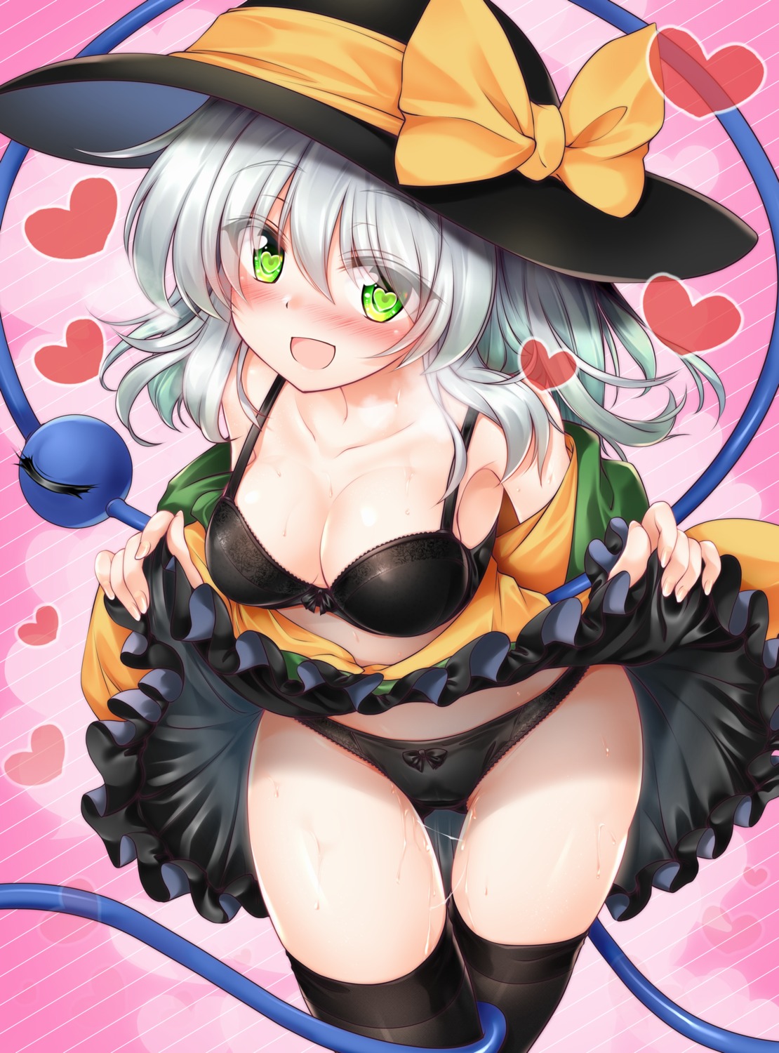 bra komeiji_koishi m9kndi open_shirt pantsu pussy_juice skirt_lift thighhighs touhou