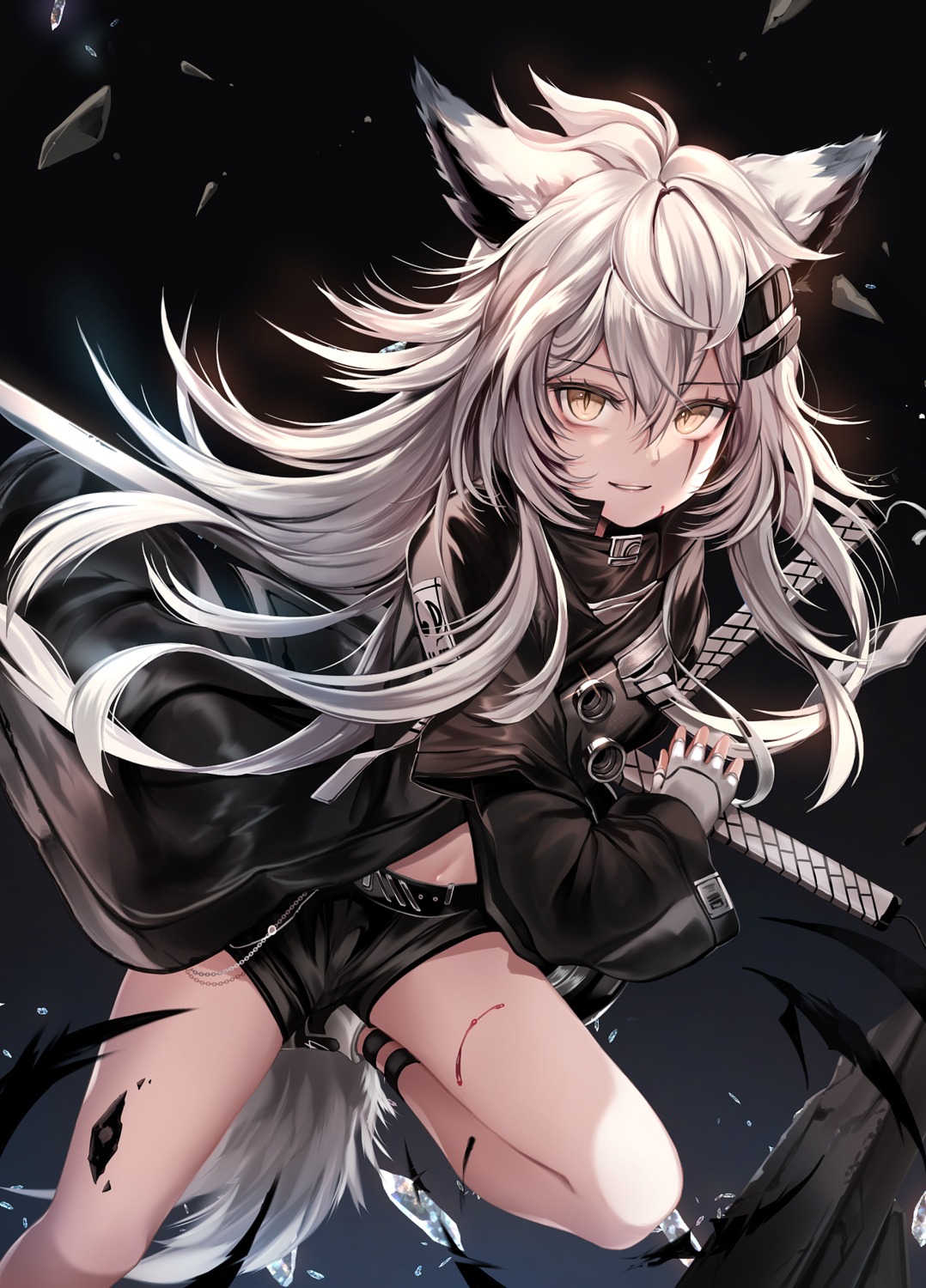 animal_ears arknights blood lappland_(arknights) sword tail zerocat