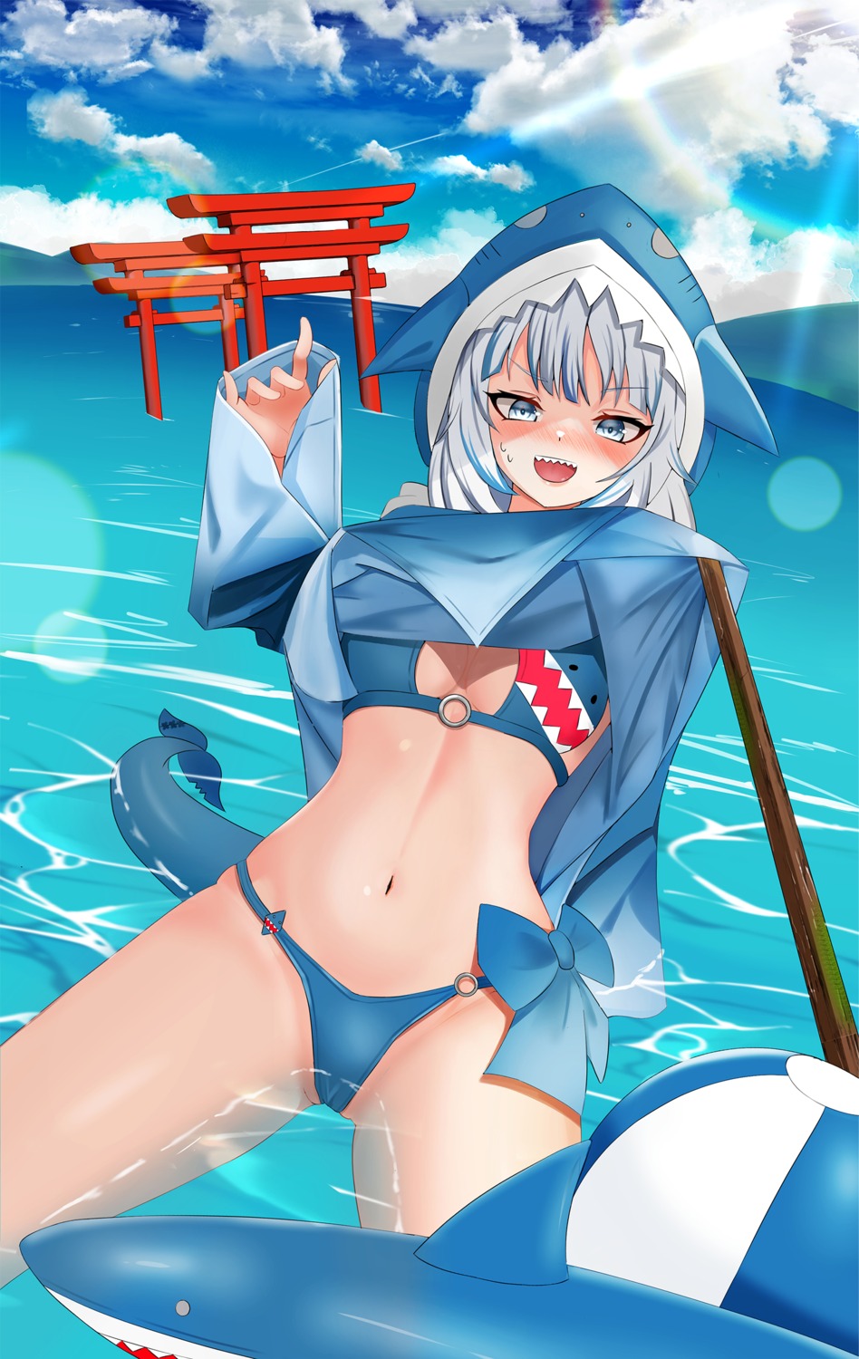 bikini cameltoe gawr_gura hololive hololive_english pink_watch shirt_lift swimsuits tail wet