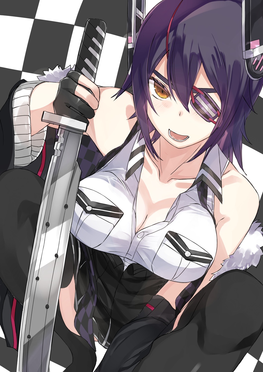 burai_yuuki cleavage eyepatch kantai_collection open_shirt sword tenryuu_(kancolle) thighhighs