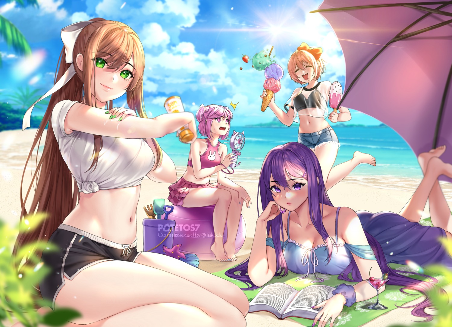 cleavage doki_doki_literature_club! monika_(doki_doki_literature_club!) natsuki_(doki_doki_literature_club!) potetos7 sayori_(doki_doki_literature_club!) see_through shirt_lift swimsuits watermark yuri_(doki_doki_literature_club!)