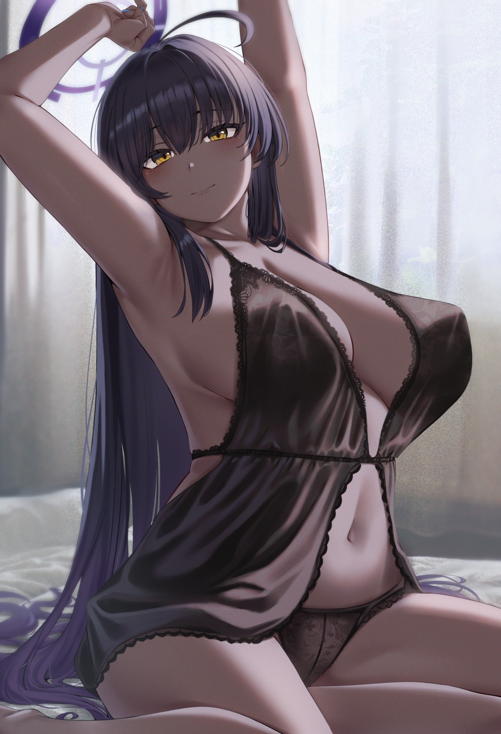 blue_archive halo kakudate_karin lingerie moisture_(chichi) no_bra open_shirt pantsu