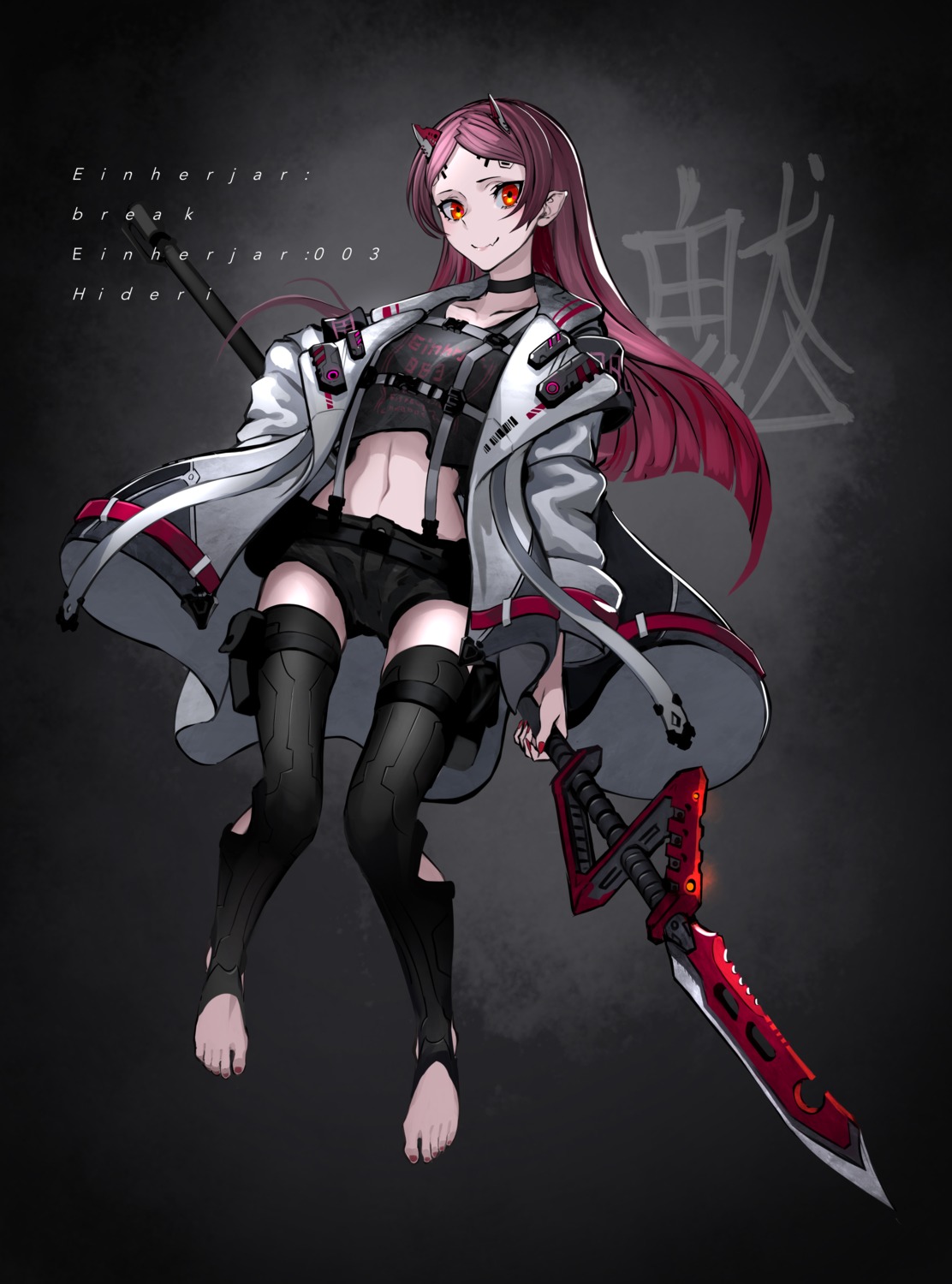 asagon007 horns pointy_ears thighhighs weapon