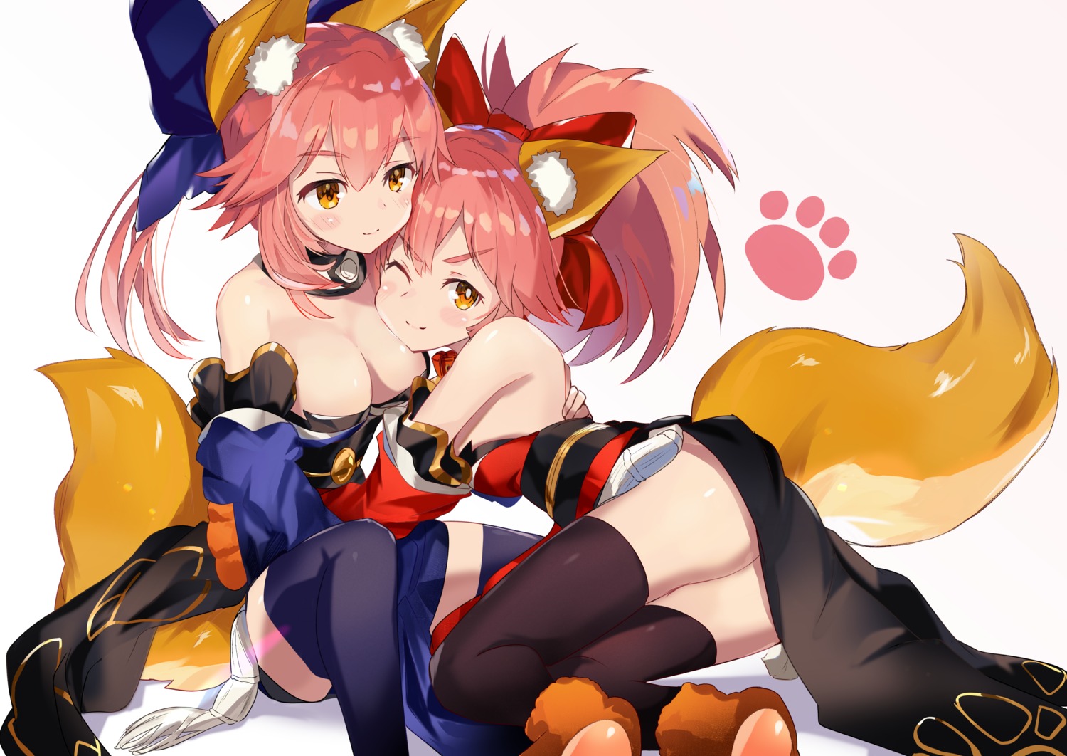 animal_ears ass fate/grand_order japanese_clothes kitsune no_bra same_(sendai623) skirt_lift tail tamamo_cat tamamo_no_mae thighhighs