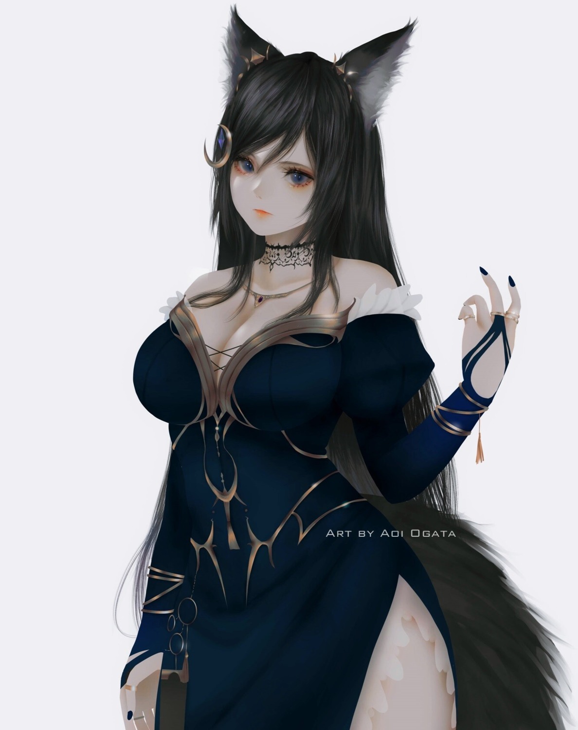 animal_ears aoi_ogata cleavage dress no_bra tail vshojo