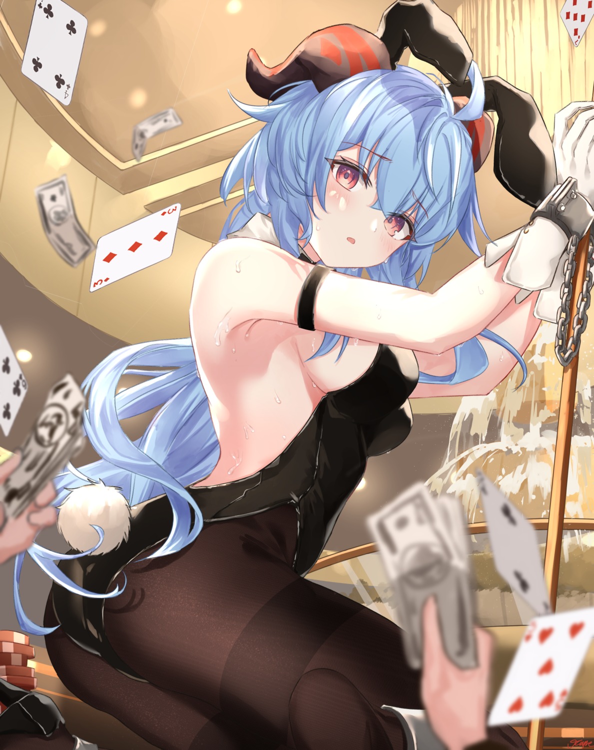 animal_ears ass bondage bunny_ears bunny_girl ganyu genshin_impact horns no_bra pantyhose tail vayneeeee