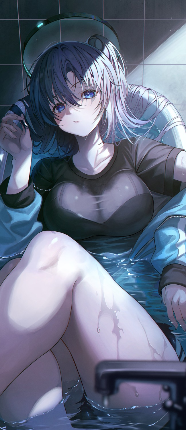 bathing blue_archive bra buruma gym_uniform halo hayase_yuuka noubin see_through wet wet_clothes