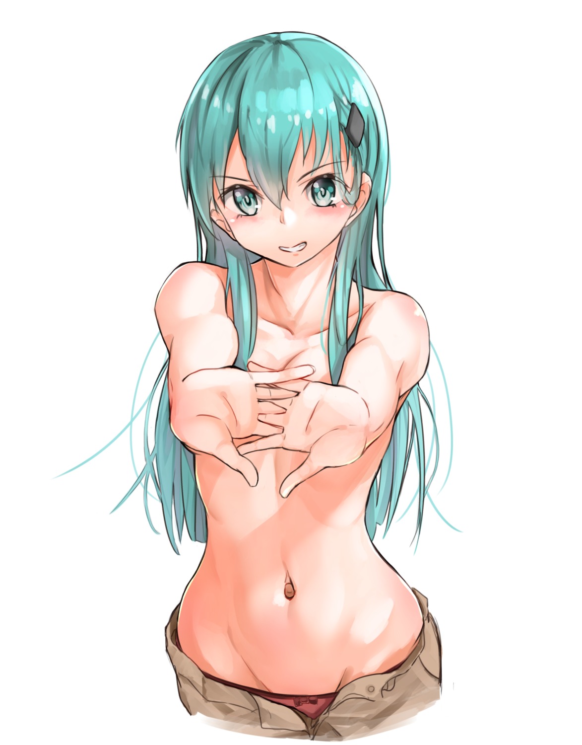 kabayaki_namazu kantai_collection pantsu panty_pull suzuya_(kancolle) topless