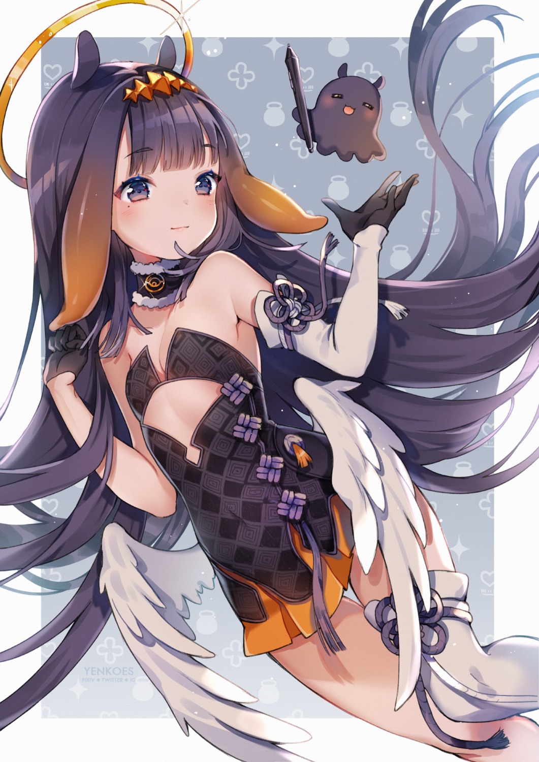 cleavage dress hololive hololive_english ninomae_ina'nis no_bra thighhighs wings yenkoes