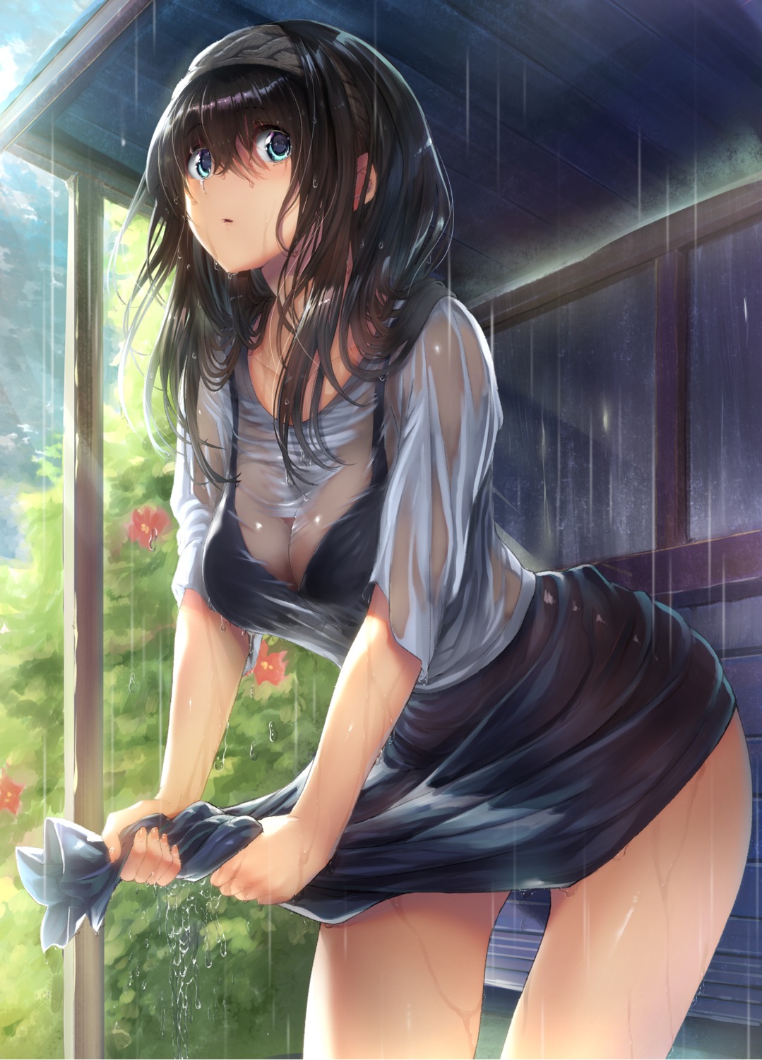 bra cleavage nohito sagisawa_fumika see_through skirt_lift the_idolm@ster the_idolm@ster_cinderella_girls wet wet_clothes