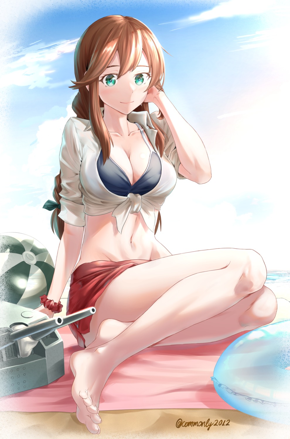 bikini_top common2012 dress_shirt feet kantai_collection noshiro_(kancolle) open_shirt shirt_lift swimsuits