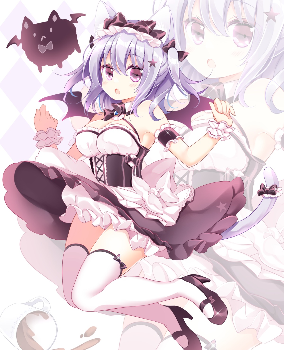 animal_ears cleavage heels maid nekomimi shikito skirt_lift tail thighhighs wings