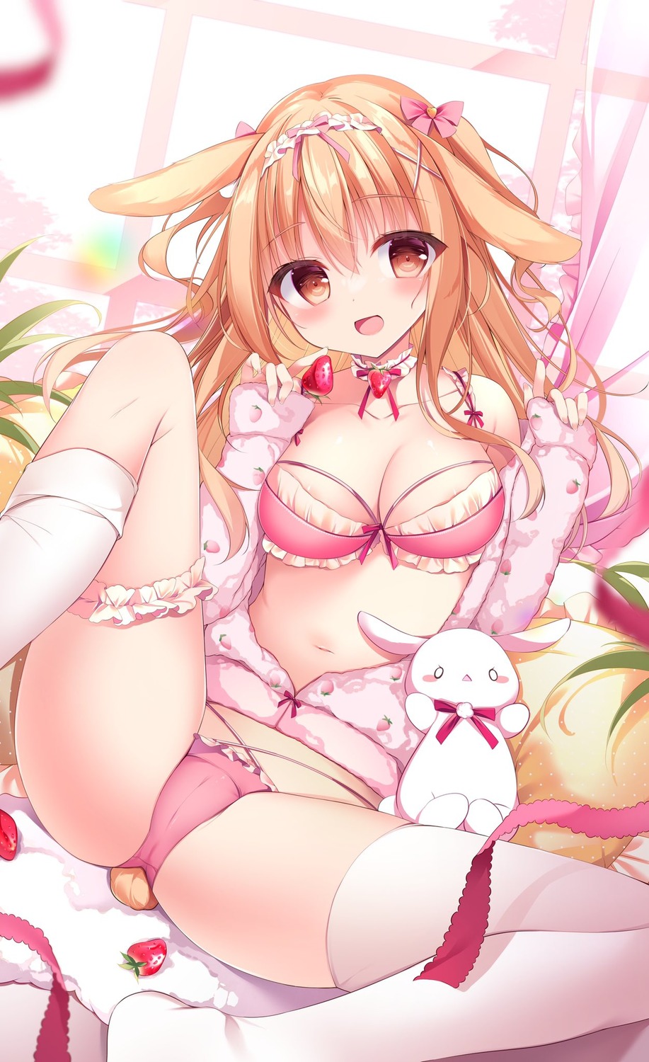 animal_ears areola bra bunny_ears garter open_shirt pajama pantsu shirosei_mochi tail thighhighs