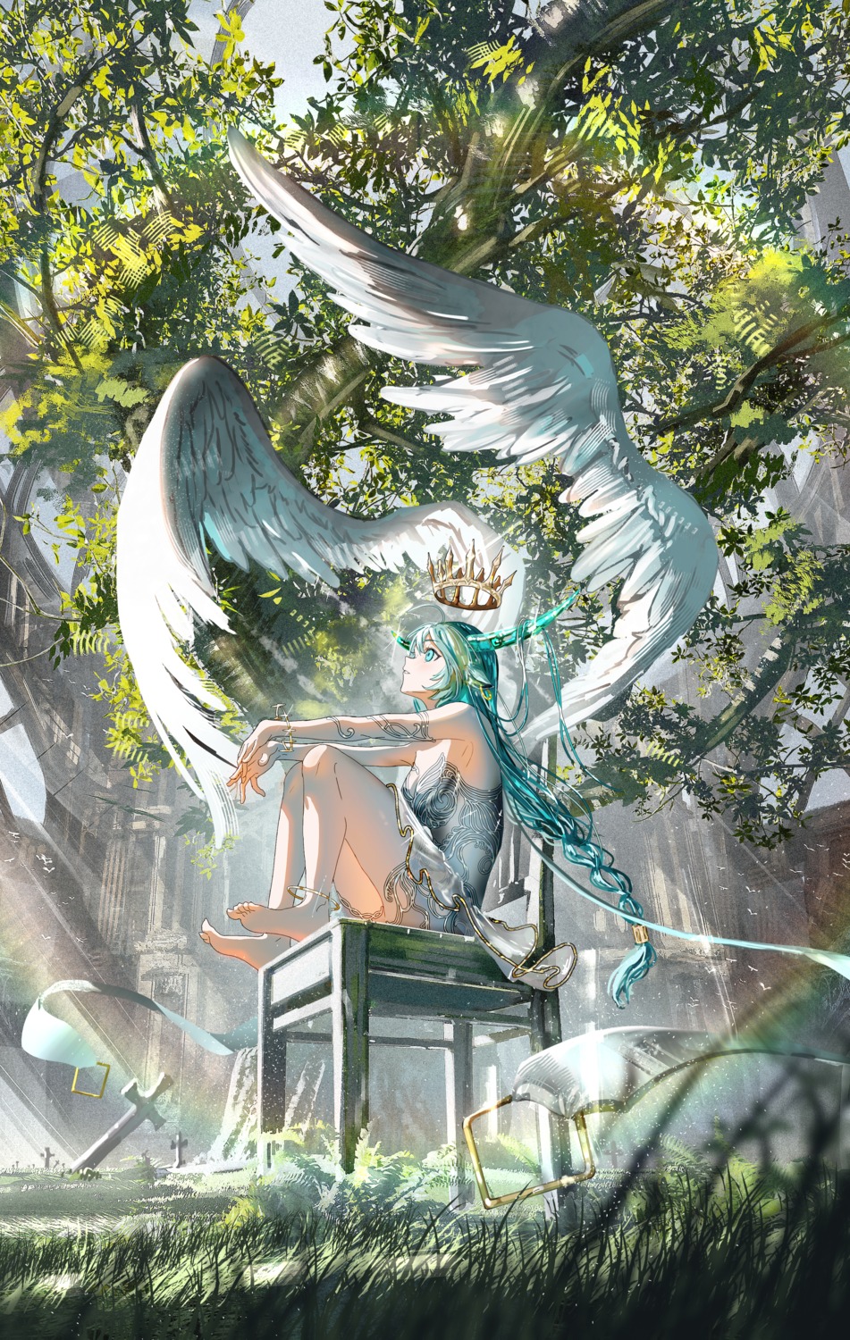 angel dress feet gawako horns no_bra pointy_ears skirt_lift wings