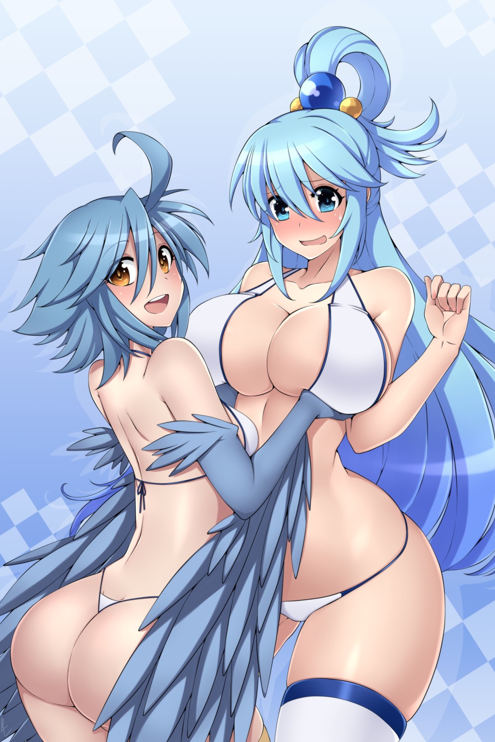 aqua_(konosuba) ass breast_hold crossover kono_subarashii_sekai_ni_shukufuku_wo! lindaroze monster_girl monster_musume_no_iru_nichijou papi swimsuits thighhighs thong wings