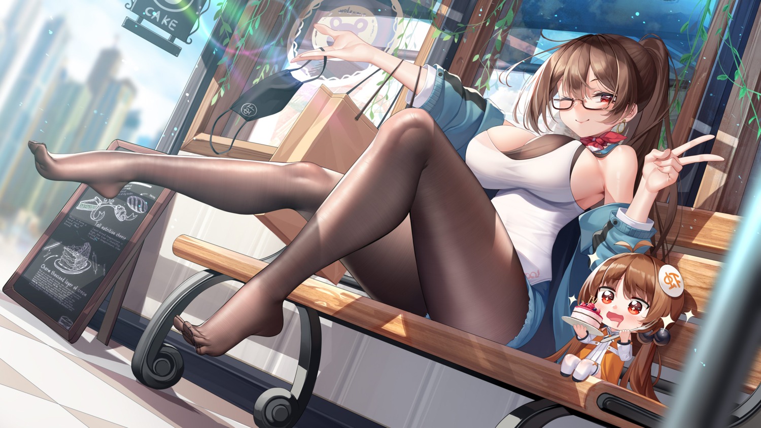 chibi feet megane meion no_bra pantyhose thighhighs