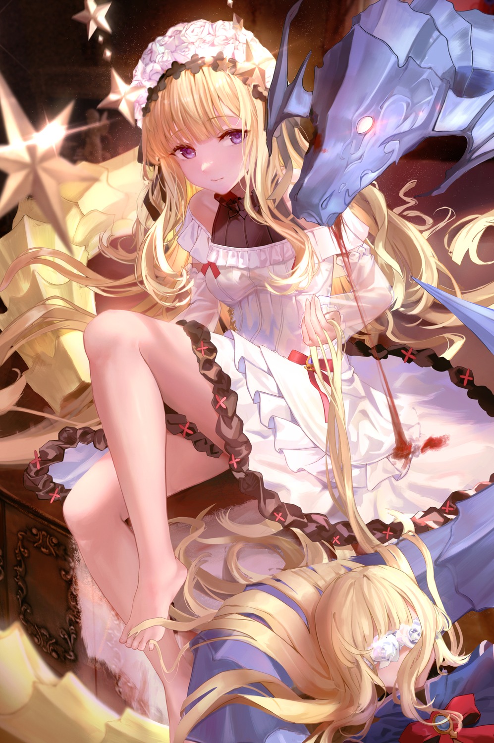 a-by blood cagliostro_(granblue_fantasy) dress granblue_fantasy monster see_through skirt_lift