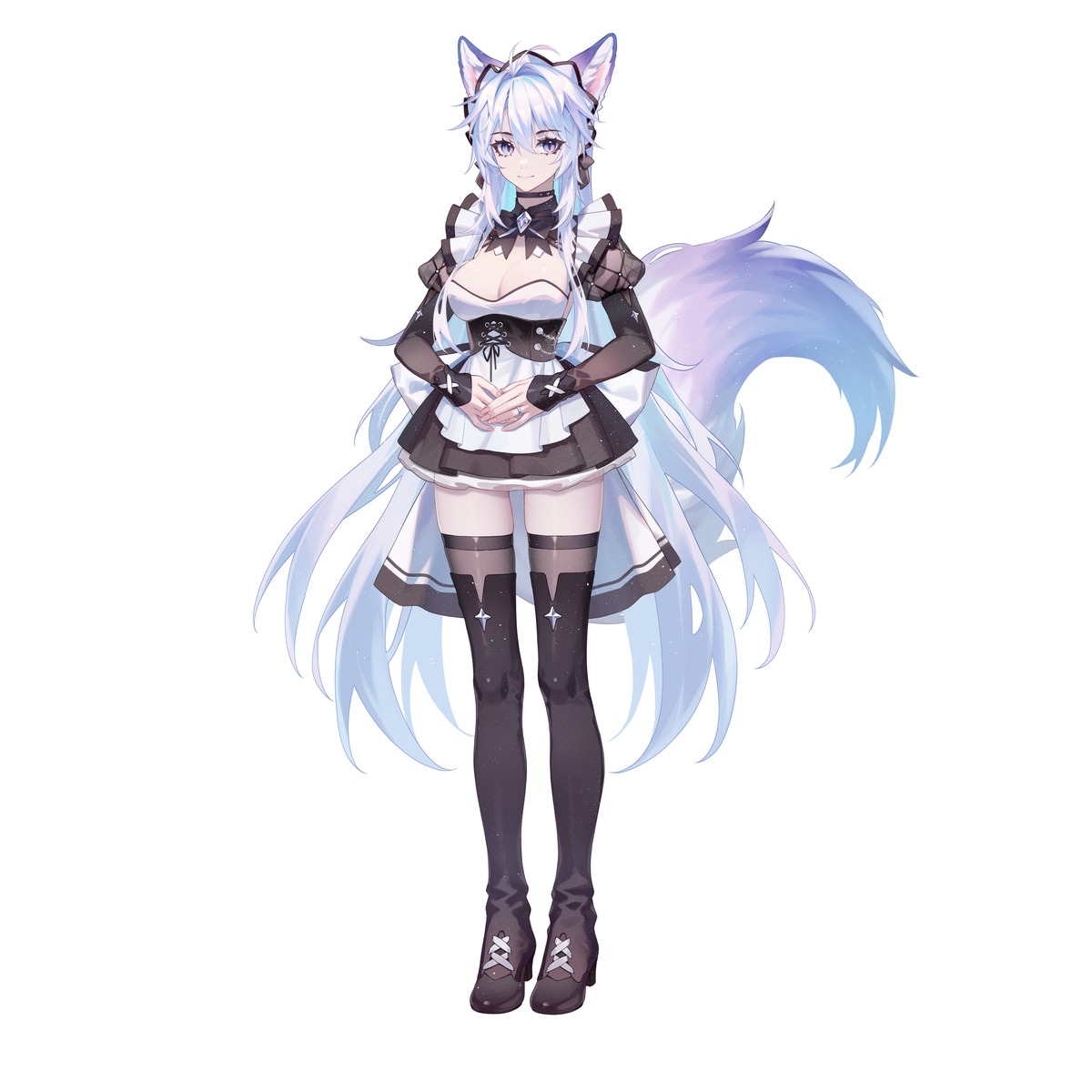 animal_ears heels kirby_d_a kitsune maid no_bra tail thighhighs