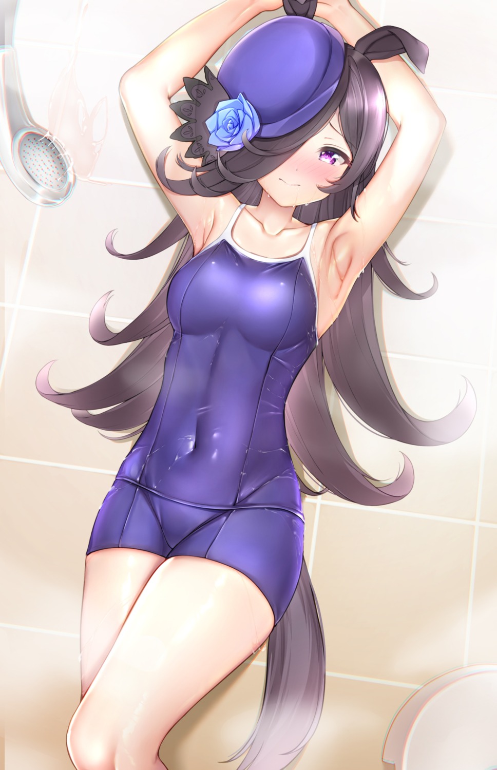 animal_ears benedia rice_shower_(umamusume) school_swimsuit swimsuits tail uma_musume_pretty_derby wet