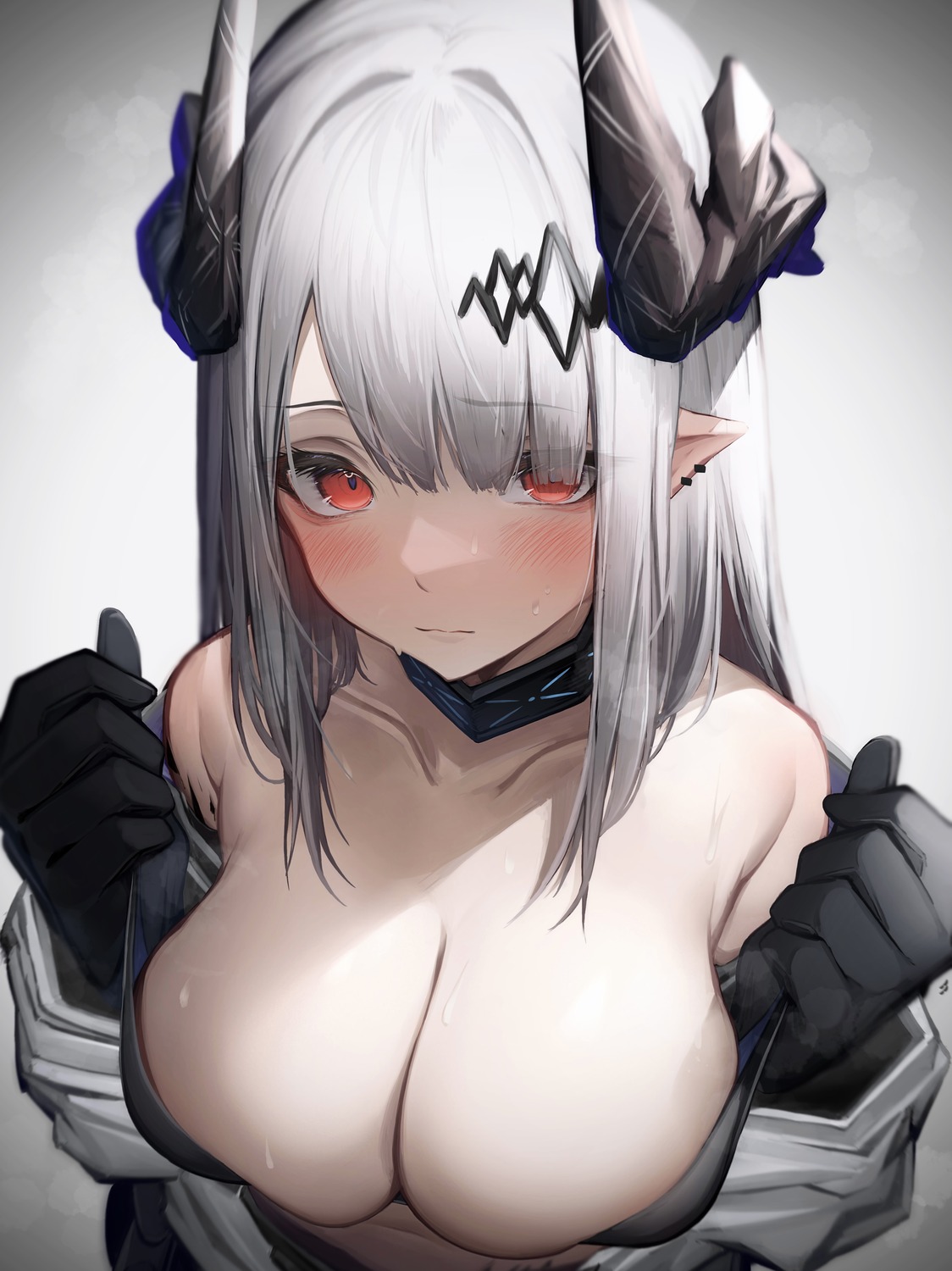 arknights horns mudrock_(arknights) no_bra open_shirt pointy_ears tab_head undressing