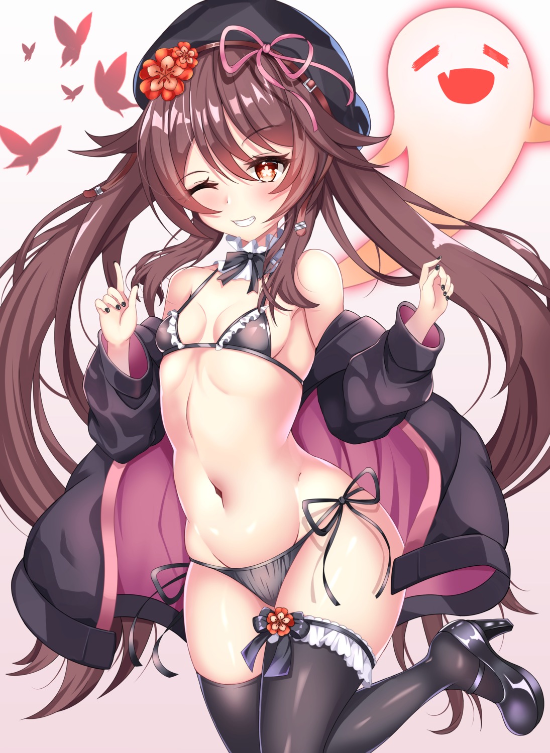 bra garter genshin_impact heels hu_tao open_shirt pantsu string_panties thighhighs tia_(4017342)