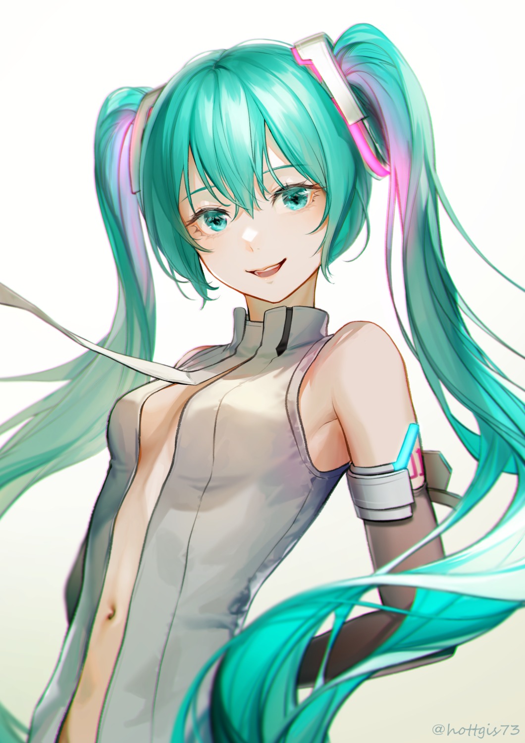 cleavage hatsune_miku miku_append no_bra open_shirt shi_niao tattoo vocaloid