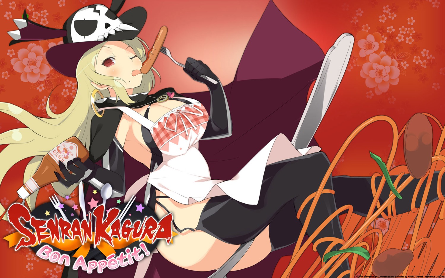 cleavage marvelous_entertainment no_bra senran_kagura senran_kagura:_bon_appetit shiki_(senran_kagura) stockings thighhighs wallpaper yaegashi_nan