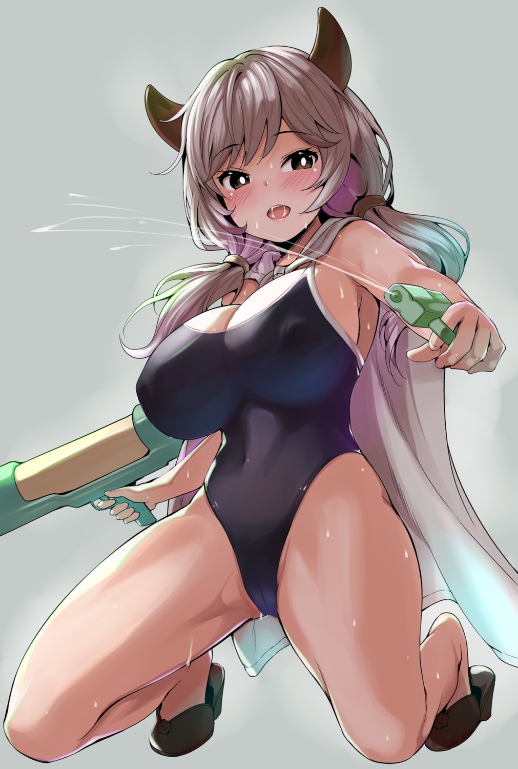 amasora_taichi cameltoe camieux_(granblue_fantasy) erect_nipples granblue_fantasy gun horns swimsuits wet