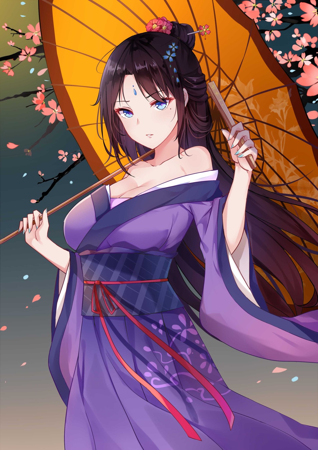 bantian_yindang cleavage japanese_clothes no_bra umbrella wardrobe_malfunction