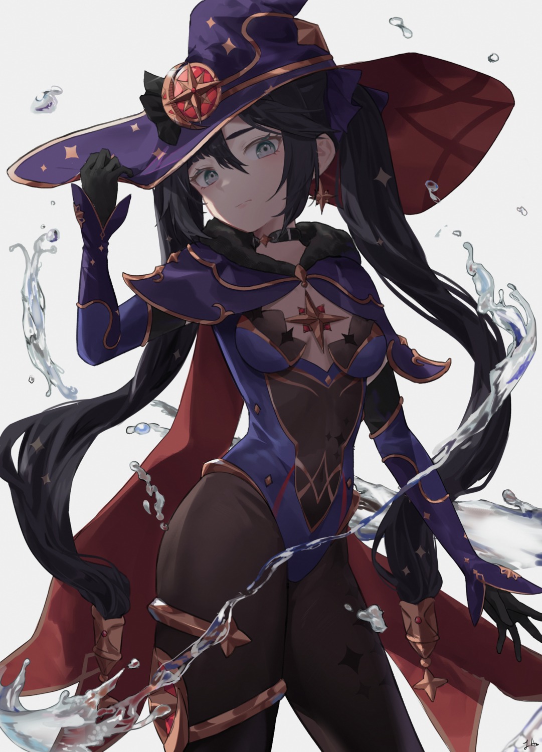 garter genshin_impact jenmin12 leotard mona_megistus no_bra pantyhose witch