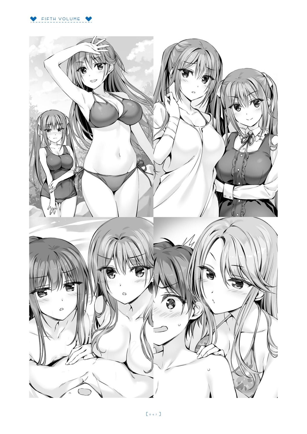 bandages bikini bikini_top boku_no_kanojo_sensei fujiki_maka keimi_shiya kisou_tenka monochrome oryou saigi_makoto saigi_miharu school_swimsuit swimsuits topless