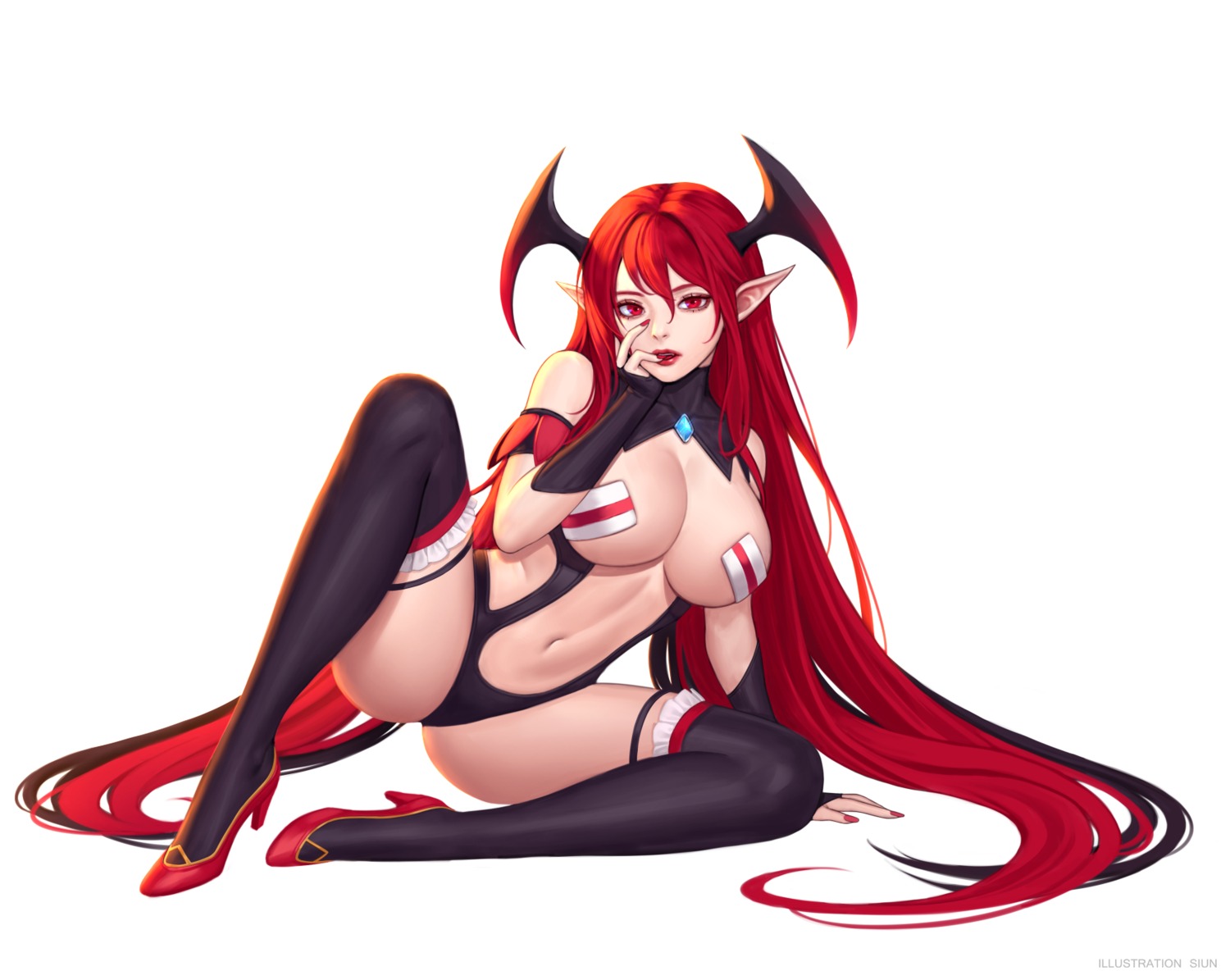 devil garter heels leotard pointy_ears shiun thighhighs