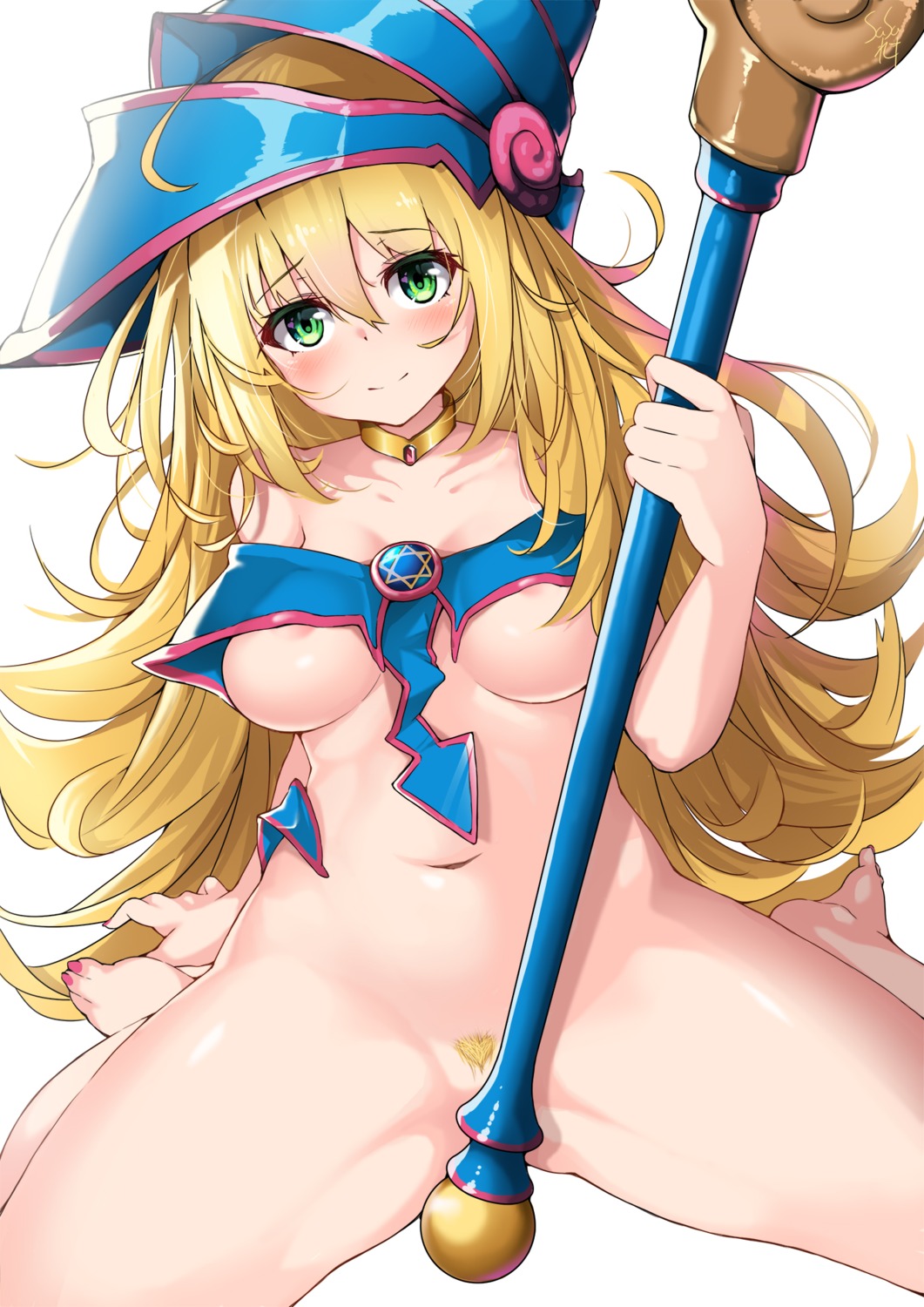 areola bottomless dark_magician_girl nakareki no_bra pubic_hair yugioh