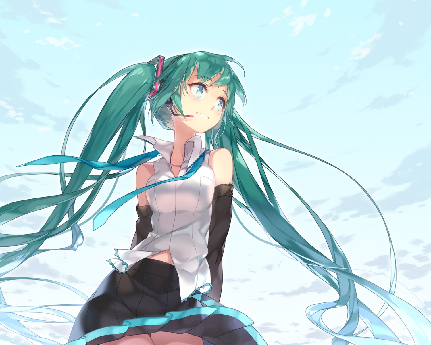 btoor hatsune_miku headphones skirt_lift vocaloid