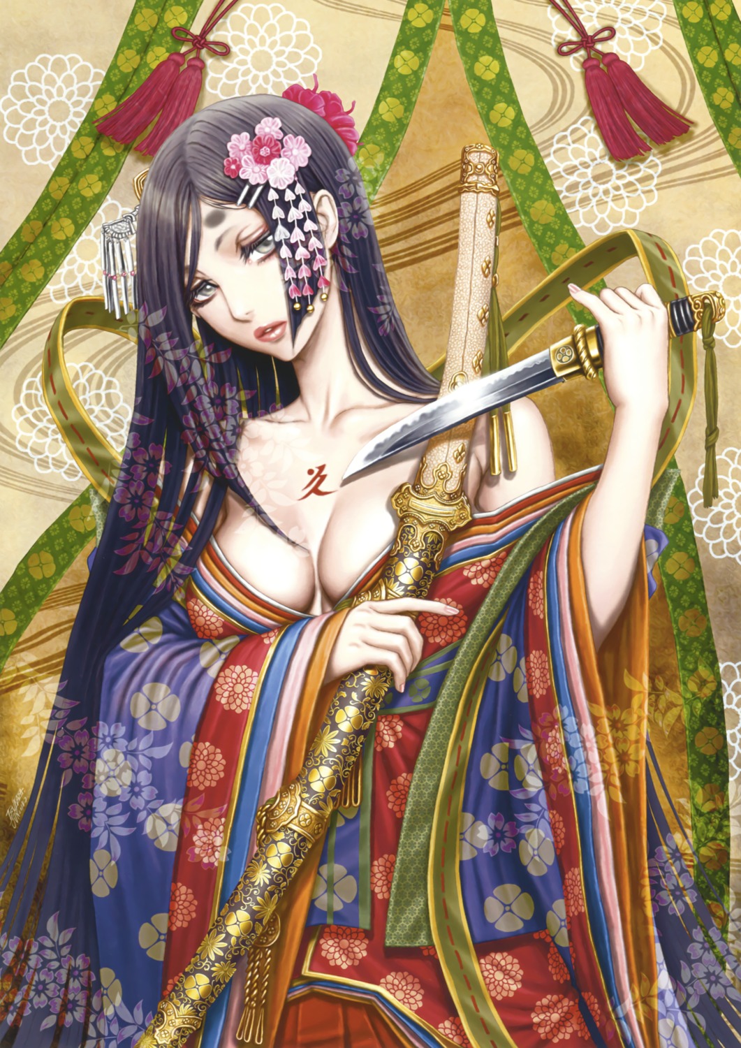 japanese_clothes no_bra open_shirt sword tattoo tsukasa_jun weapon