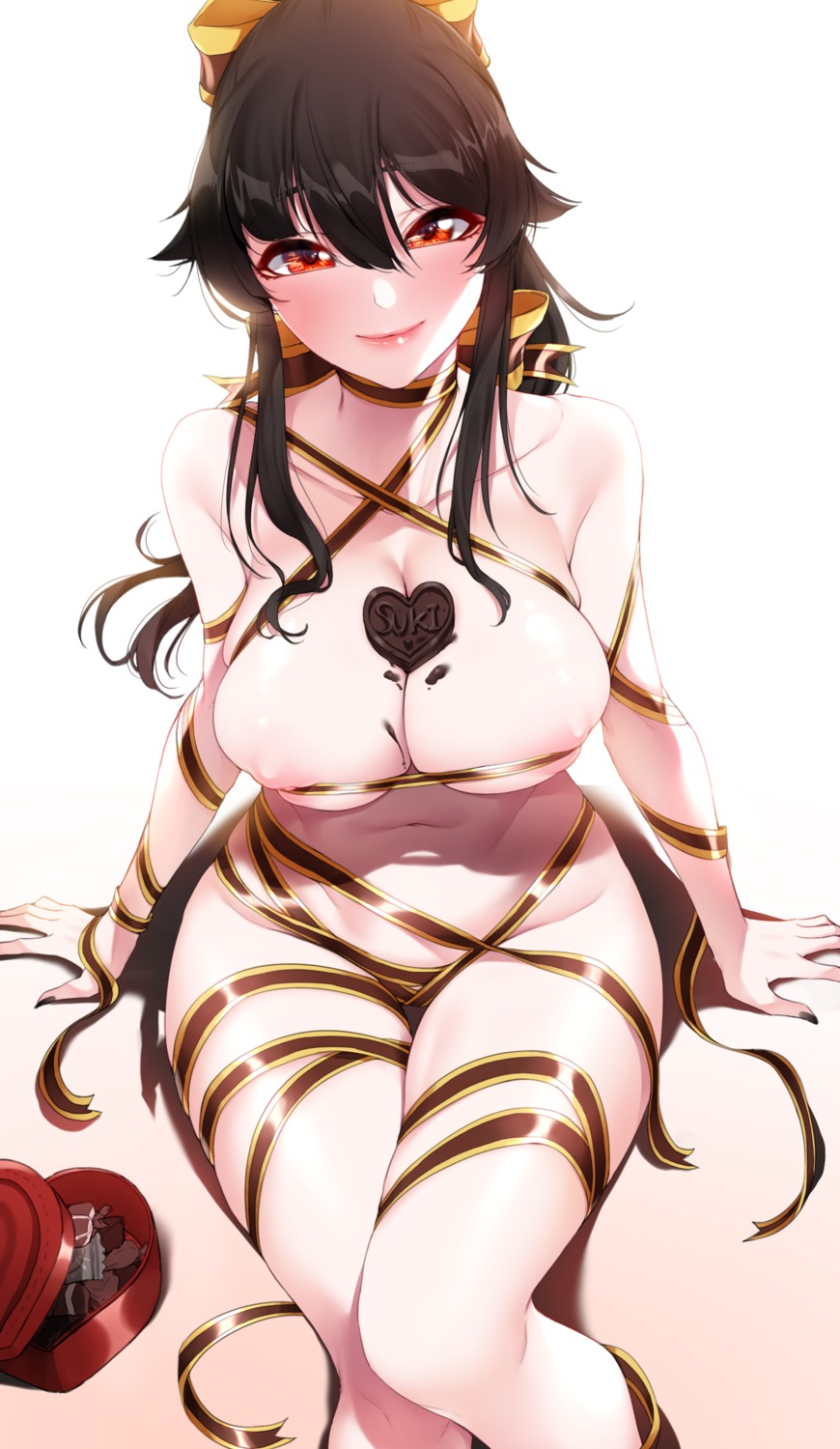 akchu areola chobi_(akchu) cream naked_ribbon nipple_slip valentine