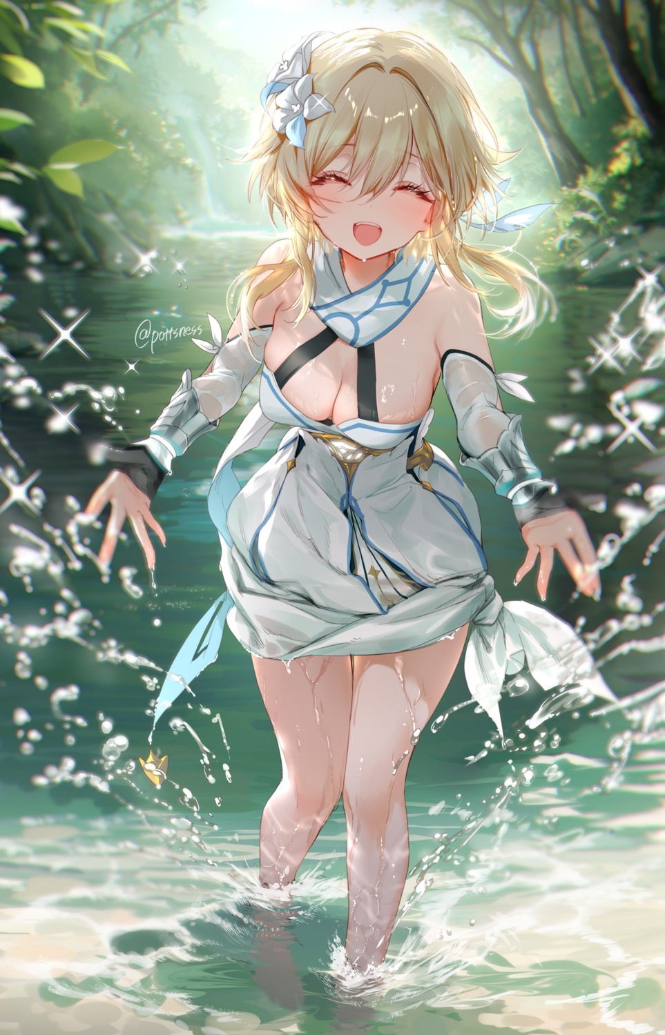 dress genshin_impact lumine no_bra pottsness see_through wet wet_clothes