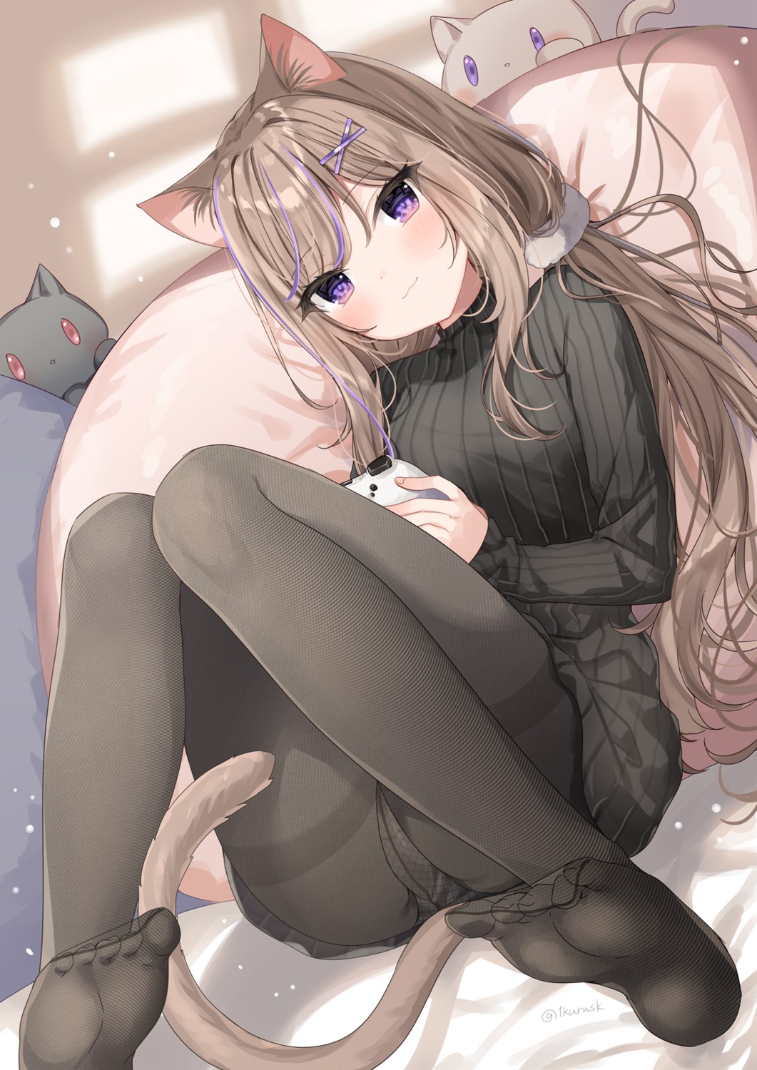 animal_ears feet leo mafuyu_(chibi21) nekomimi pantsu pantyhose skirt_lift sweater tail