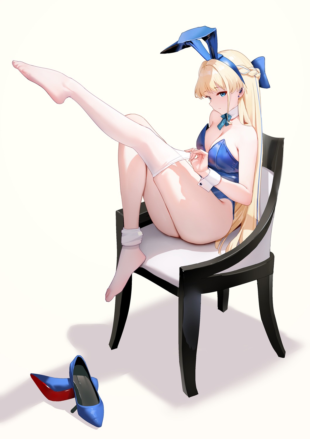 animal_ears asuma_toki blue_archive bunny_ears bunny_girl feet liwen520 no_bra thighhighs undressing