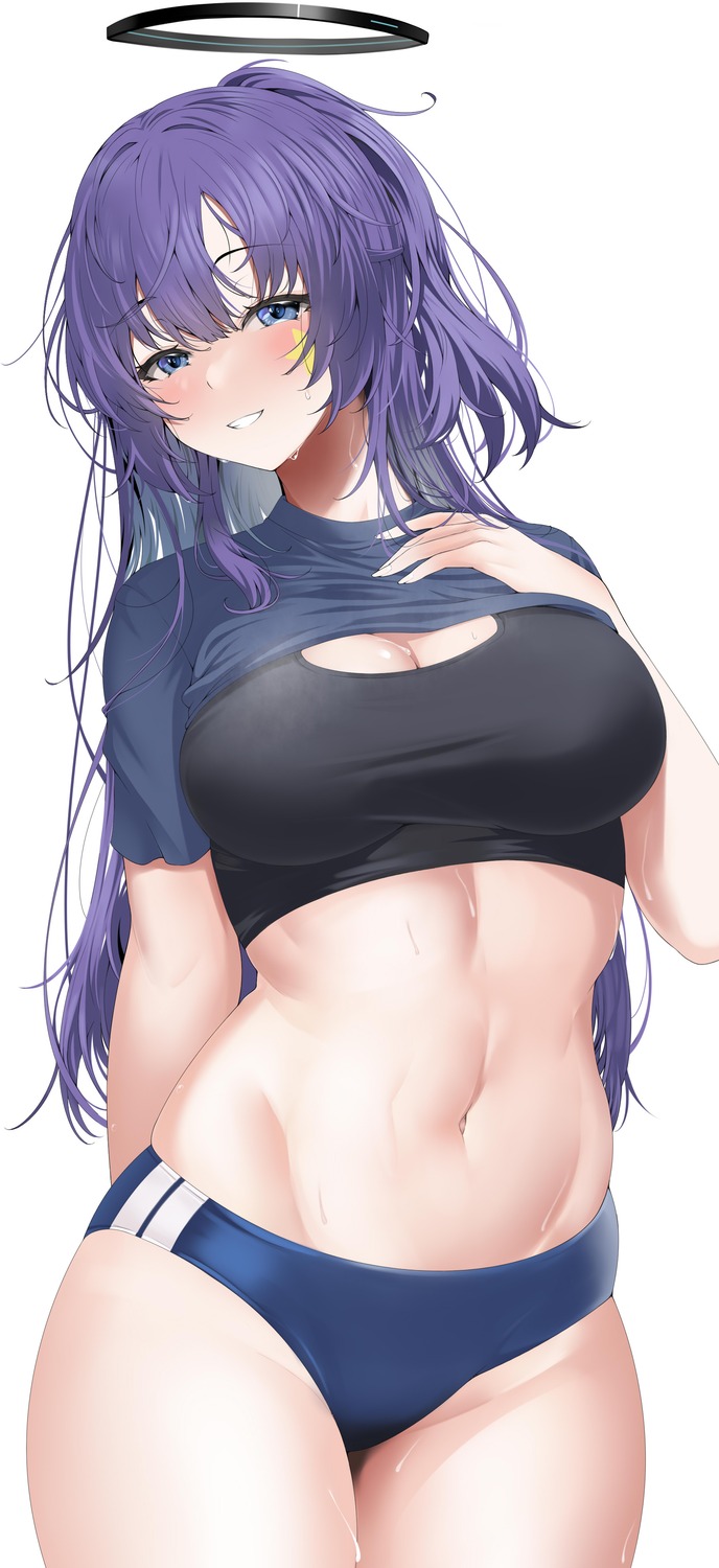 blue_archive buruma cleavage gym_uniform halo hayase_yuuka oidoden2535 shirt_lift tattoo