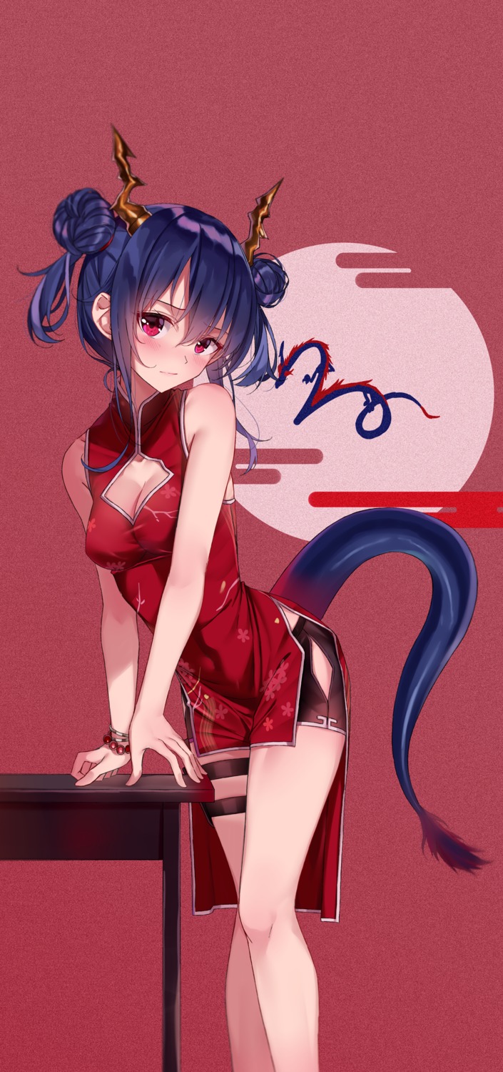 arknights ch'en_(arknights) chinadress cleavage garter horns shokuyou_koori tail