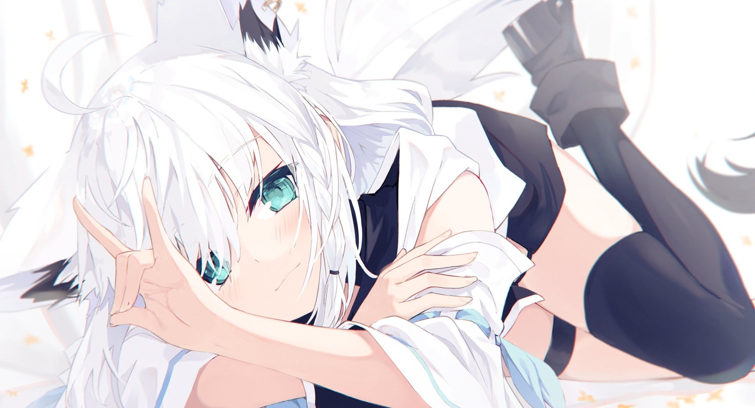 animal_ears garter hololive hololive_gamers japanese_clothes kitsune nagishiro_mito shirakami_fubuki tail thighhighs