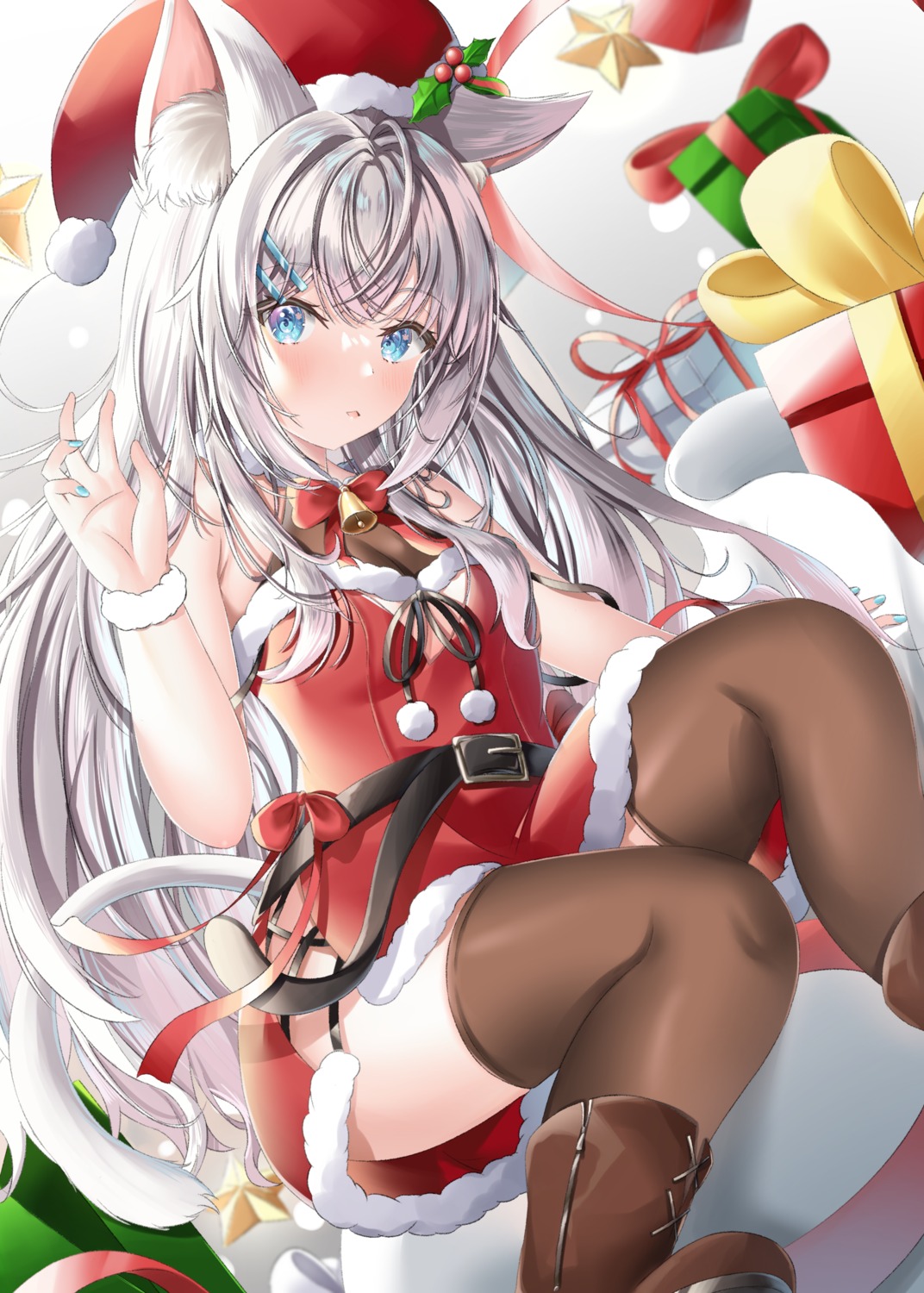 animal_ears christmas dress nekomimi nekoya_minamo no_bra skirt_lift tail thighhighs