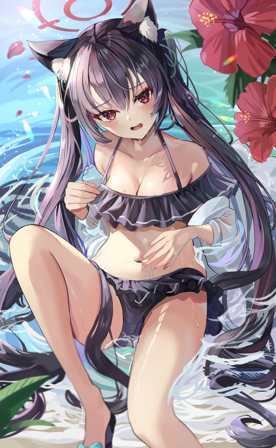 animal_ears bikini blue_archive dress_shirt halo kuromi_serika nekomimi open_shirt see_through suidou_chaahan swimsuits wet wet_clothes