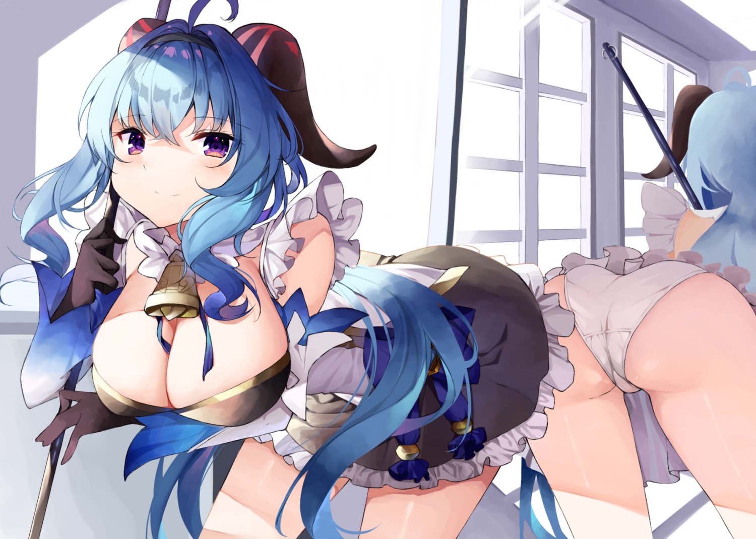 ass breast_hold g_uhrabbit ganyu genshin_impact horns maid no_bra pantsu skirt_lift