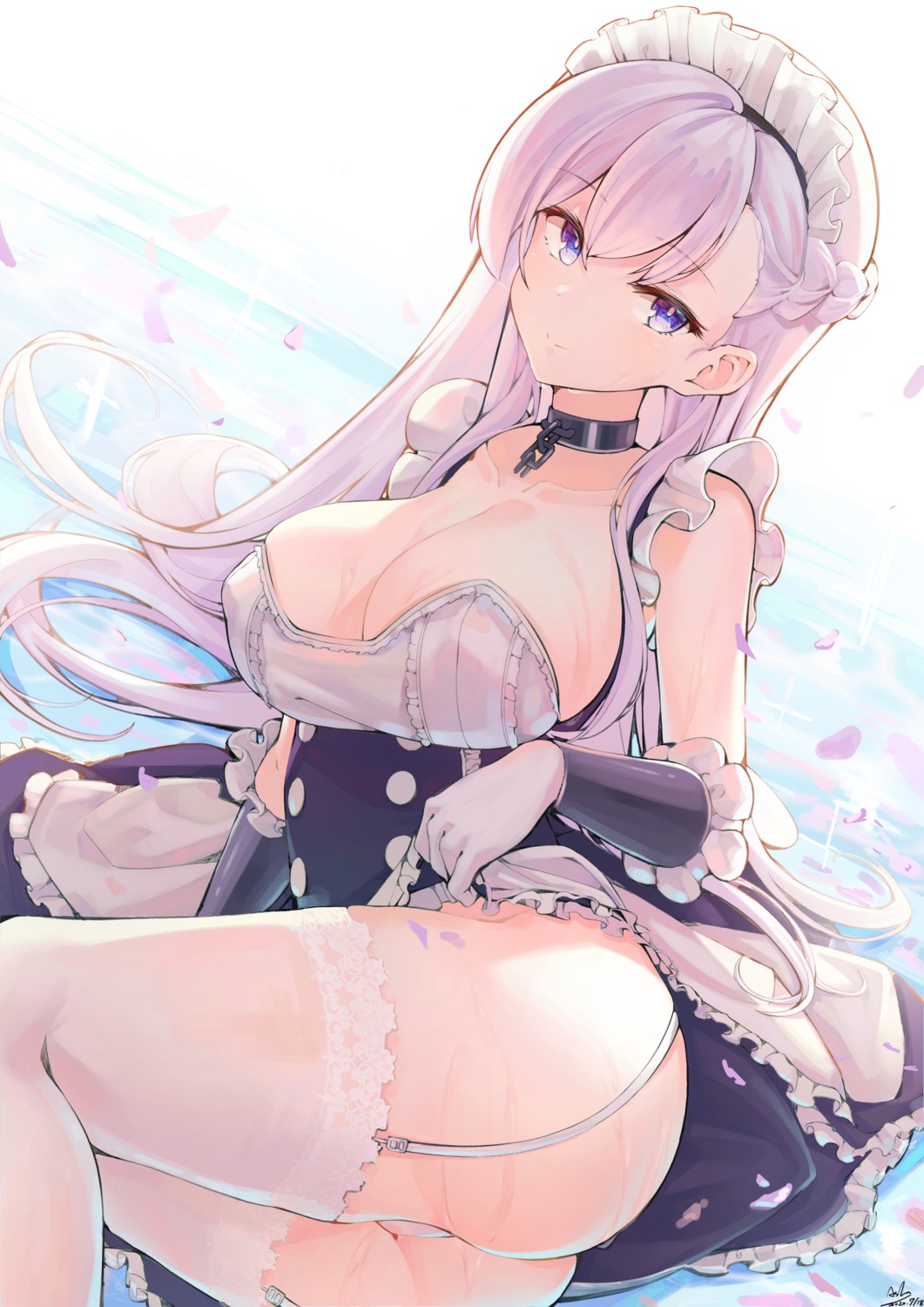 asla_yu ass azur_lane belfast_(azur_lane) erect_nipples maid no_bra see_through skirt_lift stockings thighhighs thong wet wet_clothes