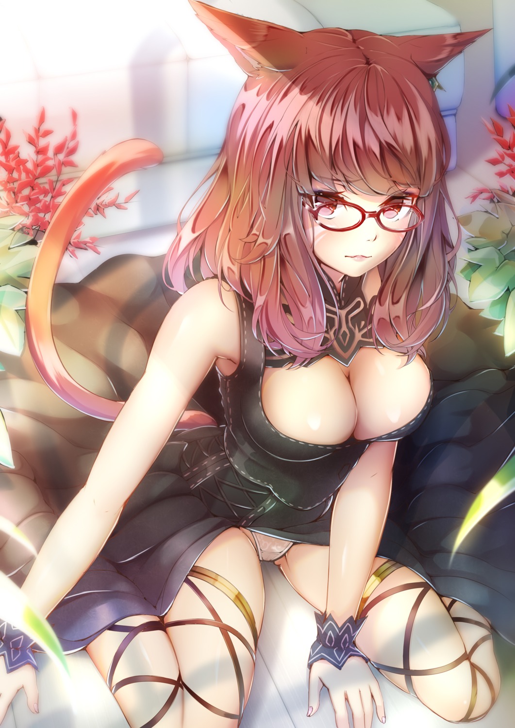 animal_ears final_fantasy final_fantasy_xiv garter imo_bouya megane miqo'te no_bra pantsu skirt_lift tail