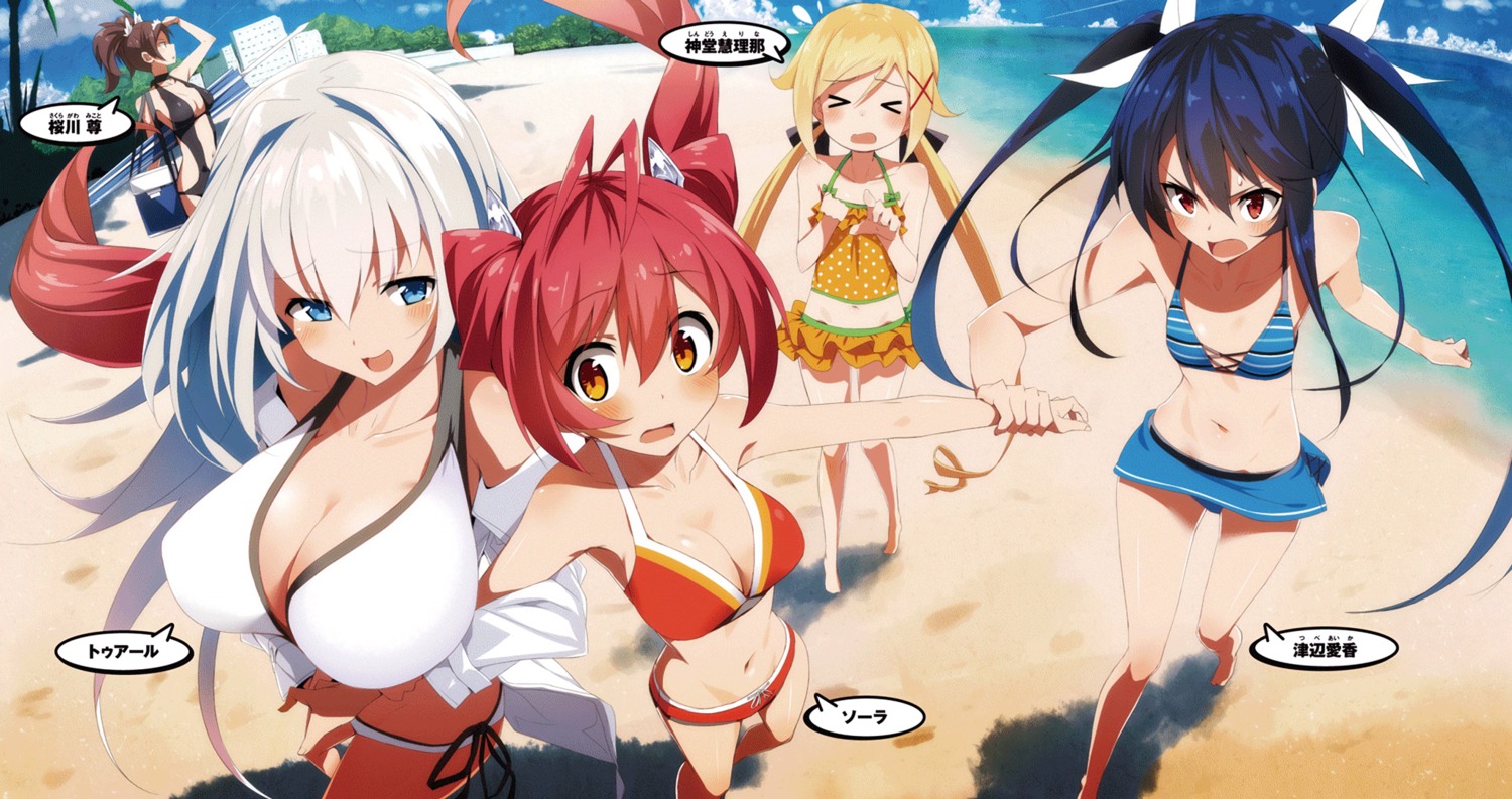 bikini cleavage kasuga_ayumu_(artist) open_shirt ore_twintail_ni_narimasu possible_duplicate sakuragawa_mikoto shindou_erina soura swimsuits tailred thuearle tsube_aika