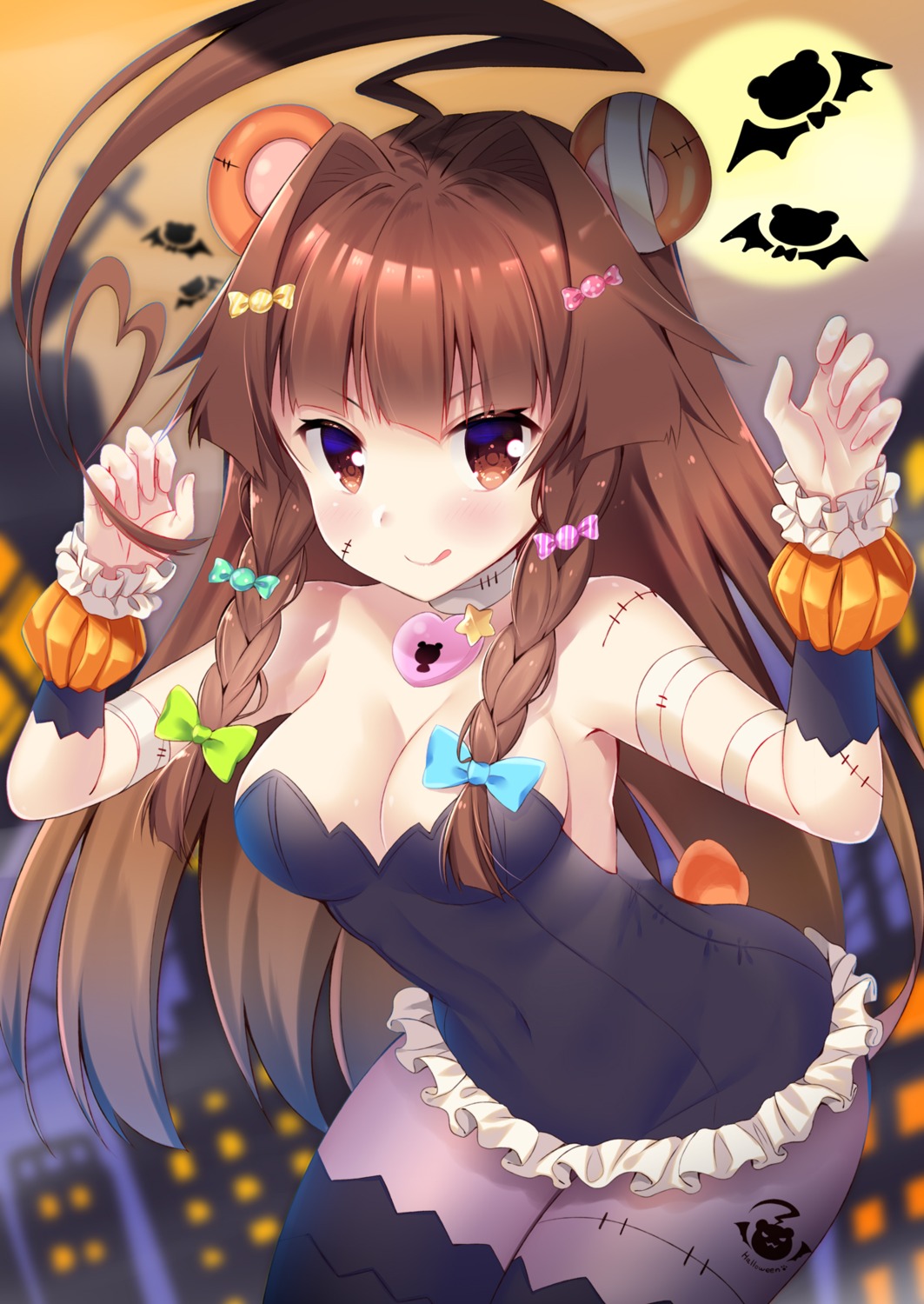 animal_ears bandages cleavage halloween kantai_collection ko_yu kuma_(kancolle) pantyhose tail thighhighs