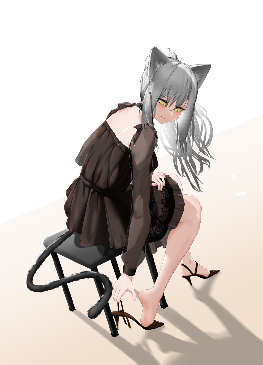 animal_ears arknights dress heels schwarz_(arknights) see_through tail vamjulian